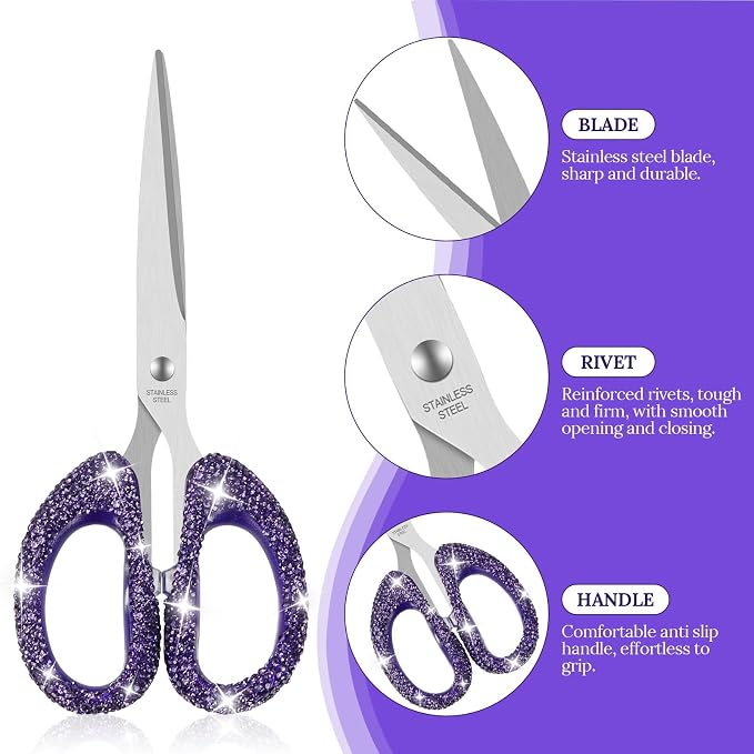 MultiBey 7.7" Rhinestone Cute Scissors, Purple | Cute Sparkly Rhinestone Scissors with Stainless Steel Blades | Aesthetic Craft Shears for Scrapbooking, Journaling & Office