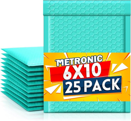 Metronic Bubble Mailer 6x10 Inch 25 Pack Usable Size 6x9" Teal Padded Envelopes Waterproof Cushioning Self Seal Adhesive Padded Mailers for Christmas Gifts Packaging, Shipping, Small Business