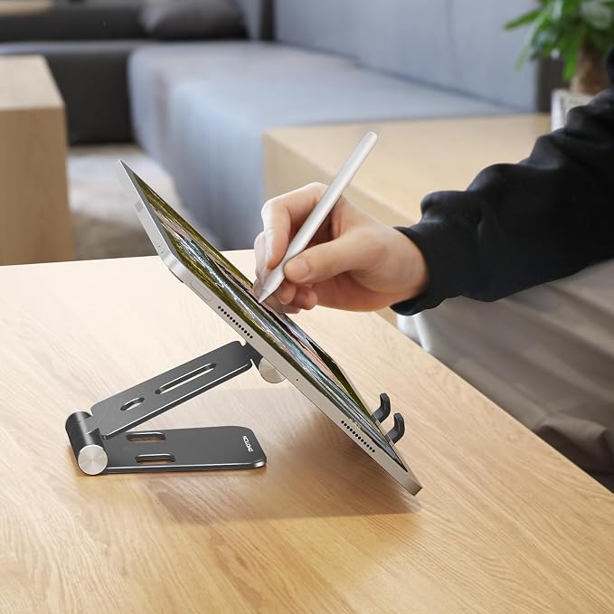OMOTON Foldable Cell Phone Stand, C4 Portable Aluminum Phone Holder | Adjustable Phone Dock Cradle Compatible with iPhone 17/16/15 Pro Max, Samsung Galaxy, Small Tablets and Other Phones, Black