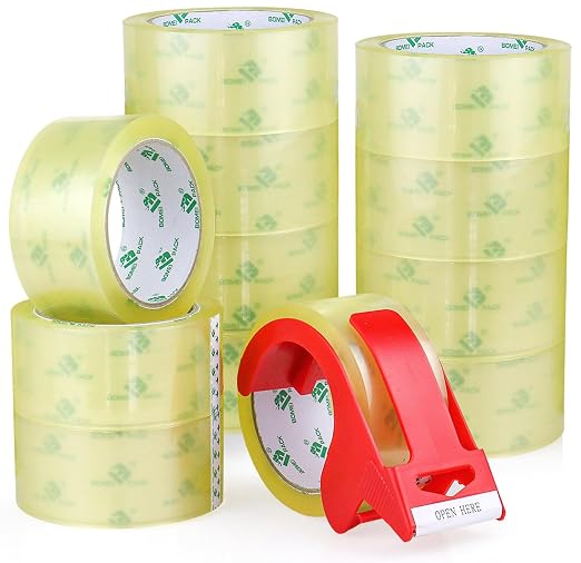 BOMEI PACK 12Rolls Clear Yellowish Packing Tape Refills, 2.4 Mil 1.88 Inch x 60 Yards, Packaging Tape with Dispenser for Moving, Shipping and Storage