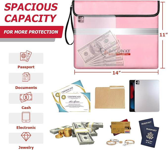 ROLOWAY Fireproof Document Bag (14 x 11 inch) with 5200℉ Upgraded Aluminum Foil Layer, Fireproof Bag for Documents with Reflective Strip and Zipper (Pink)