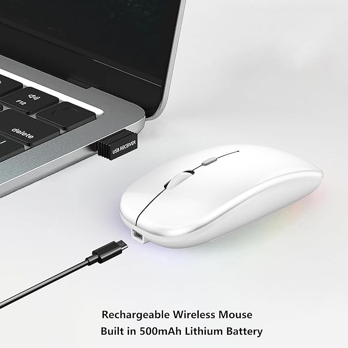 Wireless Bluetooth Mouse Rechargeable Laptop Mice Silent Slim Use(BT5.2 and 2.4G Portable USB Receiver) Dual Mode Computer Mouse for Laptop/iPad/Tablet/Apple/Computer/Mac(Bright White)