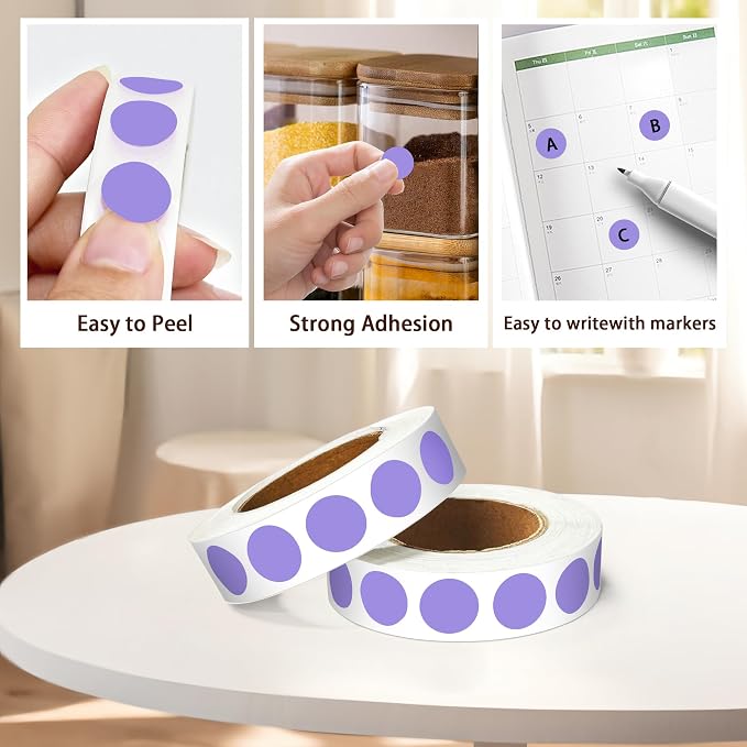 PARLAIM 1/2 Inch Round Permanent Adhesive Color-Code Dot Stickers, 4000 Stickers, 4 Roll Dispenser Box Lavender Circle Labels
