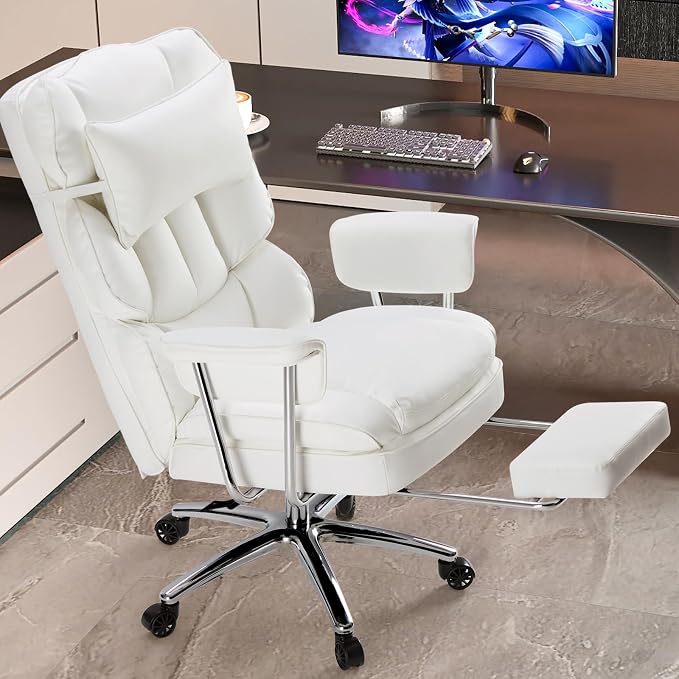 Sweetcrispy Executive Home Office Chair, Ergonomic Desk Chair | Big Tall High Back, Lumbar Support, Reclining Height Adjustable, PU Leather, Computer Gaming, Footrest Swivel Wheels, White