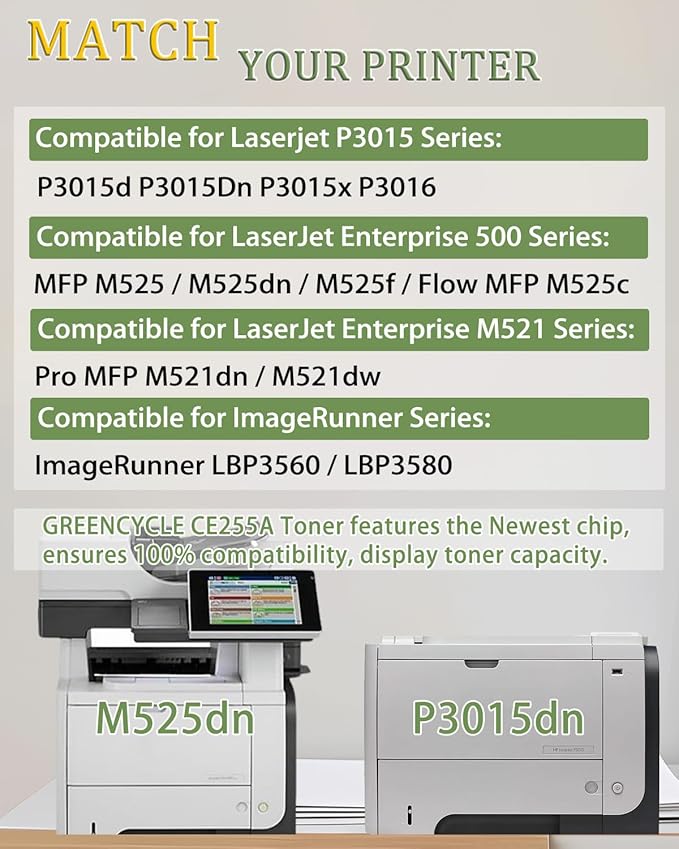greencycle 55A CE255A Compatible P3015 M521dn Toner Cartridge Replacement for HP 55A CE255A 55X CE255X Work with LaserJet P3015dn P3015x Pro 500 MFP M521dw M521 M525 Printer (Black, 1-Pack)