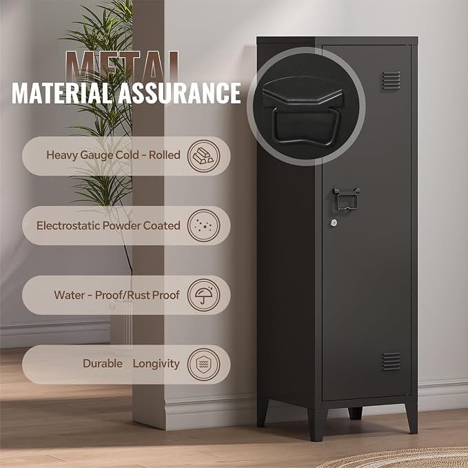 Locker Cabinet, 50" Black Small Metal Locker Storage Cabinet for Employees with Locking Door and 2 Shelves Kids Locker Tool File Cabinets for Bedroom, Home Office, Garage, Bathroom