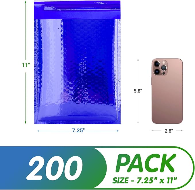 Glamour Metallic Bubble Mailers 7.25 x 11 Inches Blue, 200 Pack Padded Envelopes for Shipping, Mailing, Packaging Protection