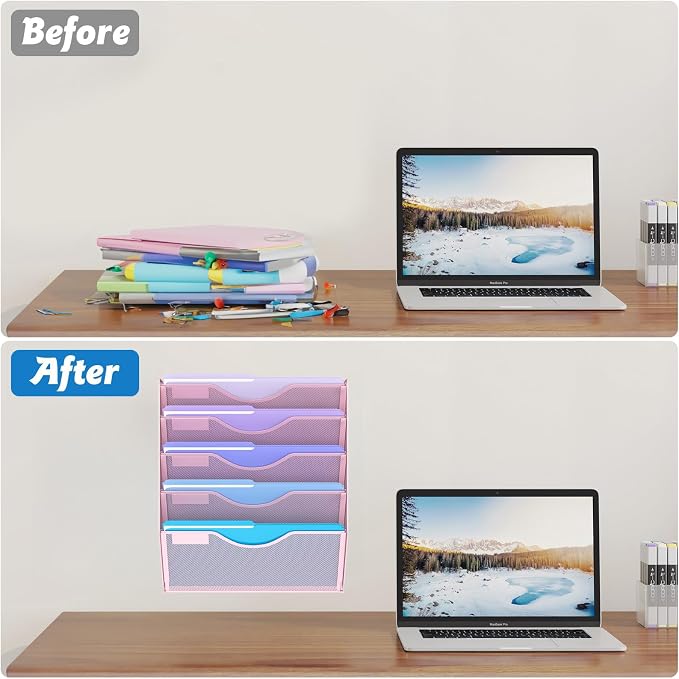 Gawerk 5 Tier Hanging Wall File Organizer, Mesh Mail Paper Orgnization Hanging File Folder Holder for Home Office, Pink