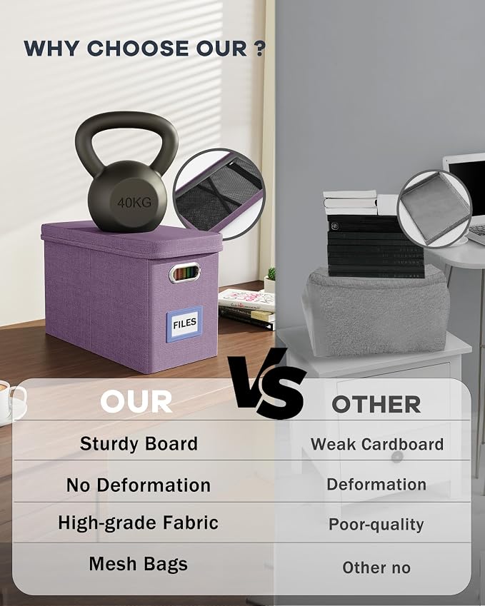 File Organizer with Lid, Hanging Filing Box with Mesh Pocket, Document Organizer for Letter Files, Portable Storage Box for Office & Home (1 PCS, Taro Purple)