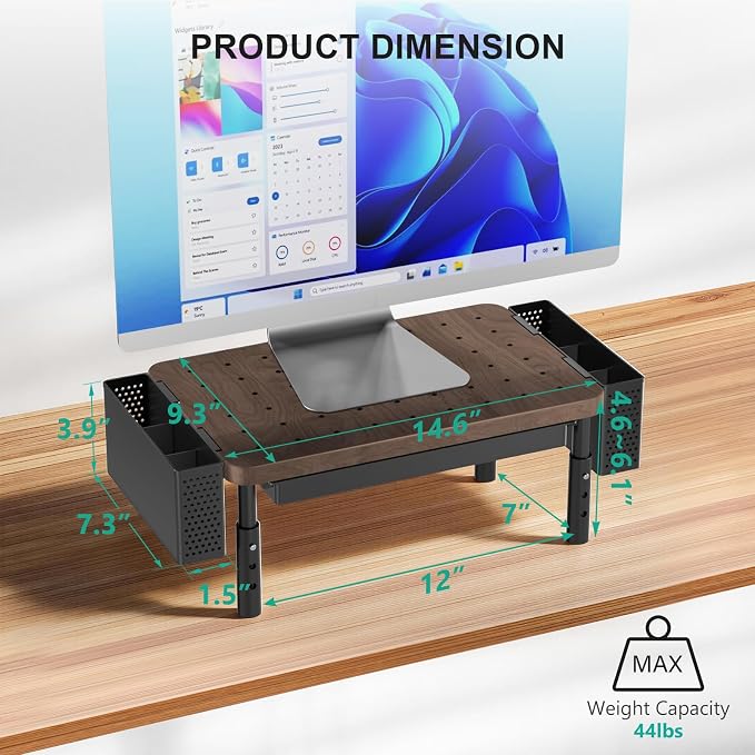 WALI Computer Monitor Stand with Storage and Pen Holder | 3 Height Adjustable Desk Organizer with Drawer, Desk Laptop Monitor Riser for Computer, Printer(PTT003-C), 1 Pack, Brown