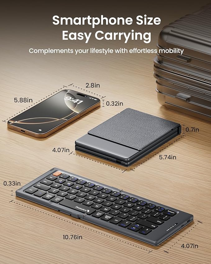 ProtoArc Foldable Compact Keyboard, XK04 Portable Bluetooth Keyboard with PU Leather Cover, Pocket-Sized Wireless Travel Keyboards for iPad, iPhone, Smartphone, Tablet and Laptop- Gray