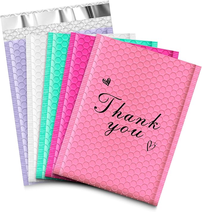 JinRuiKJ Multicolored2 Bubble Mailers 4x8" 50 Pack, Padded Envelopes, Cushioning Padded Shipping Envelopes for Jewelry, Makeup - Pink, White, Green, Purple, Rose Red