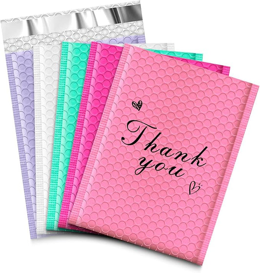 JinRuiKJ Multicolored2 Bubble Mailers 4x8" 50 Pack, Padded Envelopes, Cushioning Padded Shipping Envelopes for Jewelry, Makeup - Pink, White, Green, Purple, Rose Red