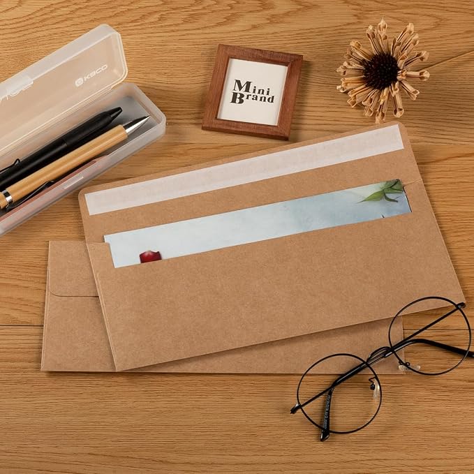 100 Pack Colored #10 Business Envelopes, 4.13 x 9.49 Inches, Brown | Self Seal, Standard Envelopes, For Office Checks, Business Letter Mailing, Greeting Card