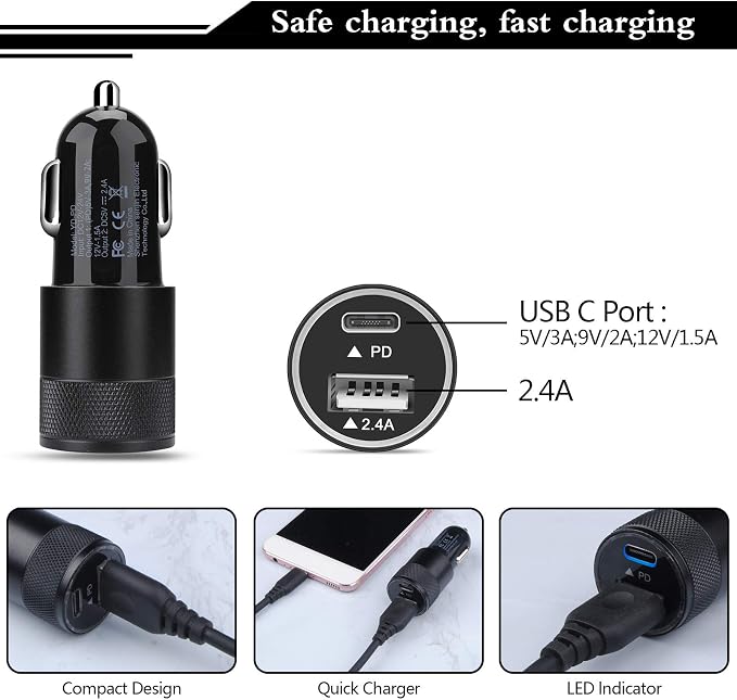 USB C Fast Car Charger,30W 3.0 PD Type C Car Adapter 2 Port USB C Car Plug Compatible for iPhone 17/16/15/14/13/12 Pro Max/11 Pro/SE/X/XR/8/7/6 Plus,Samsung Galaxy S25 S24 S23 S22 S21 S20,Pixel 9 8 7