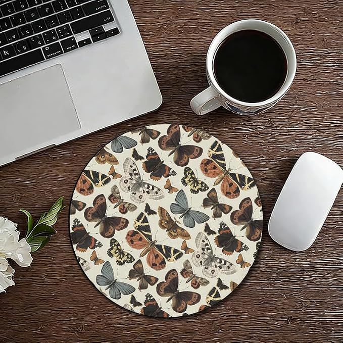 Butterfly Round Mouse Pad, Vintage Light Academia Insect Butterfly and Moth Aesthetic Mousepad Mat for Home Office Computer Laptop Desk Accessories 7.9x7.9 in