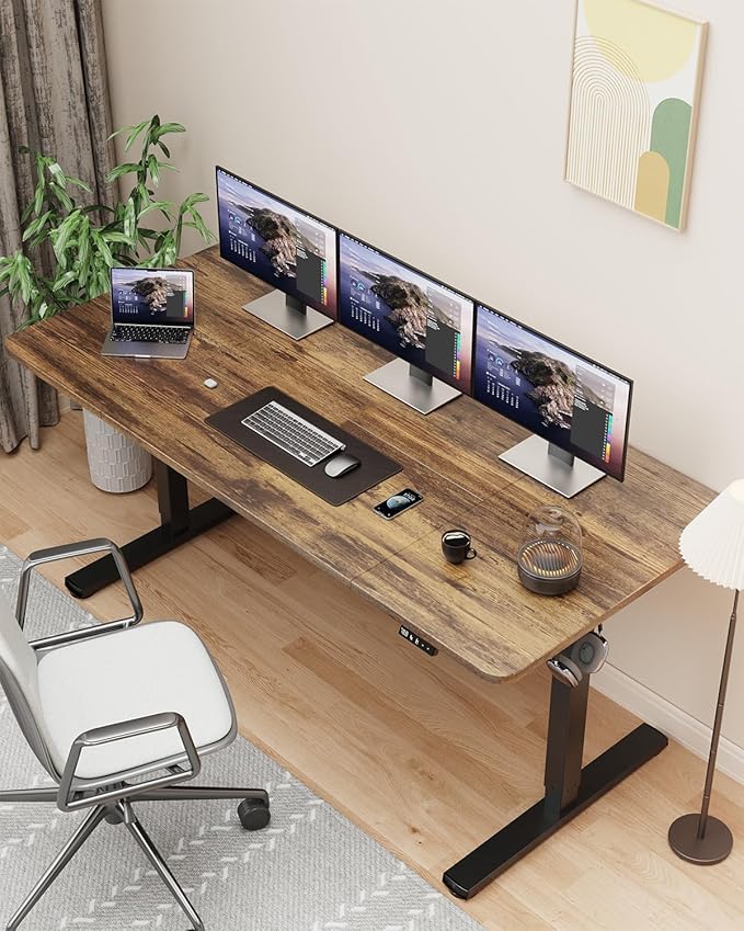 Standing Desk, Large Height Adjustable Electric Stand up Desk, 63 x 24 Inches Sit Stand Home Office Desk, with Splice Board, Black Frame/Rustic Brown Top