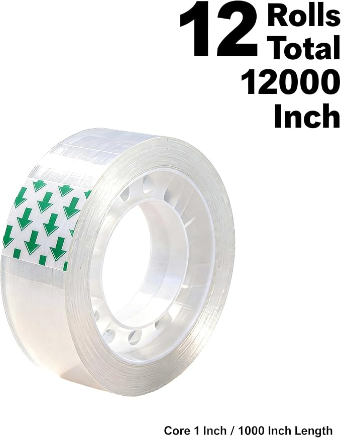 12 Rolls Crystal Clear Transparent Tape with Acrylic Tape Dispenser, 3/4 Inch x 1000 Inch, 1 Inch Core, Clear Office Tape Invisible Tape for Office School Home DIY Craft Gift Wrapping Document Sealing