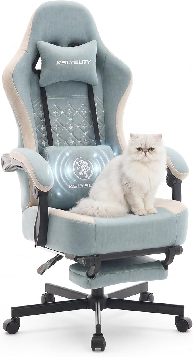 Desk Computer Gaming Chair - Ergonomic Game Office Chair with Extended Footrest and Massage Lumbar Support, Home Gamer Video Game Chairs with Spring Cushion for Adults (Pro Blue Fabric)