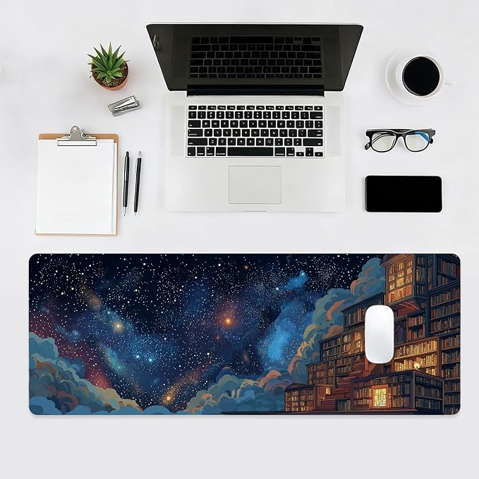 Starry Sky Large Mouse Pad, Desk Mat, Big Gaming Mousepad, XL Extended Laptop Desk Pad with Stitched Edges Non-Slip Rubber Base, Computer Keyboard Mat for Office Home, 31.5x11.8in, Bookshelf