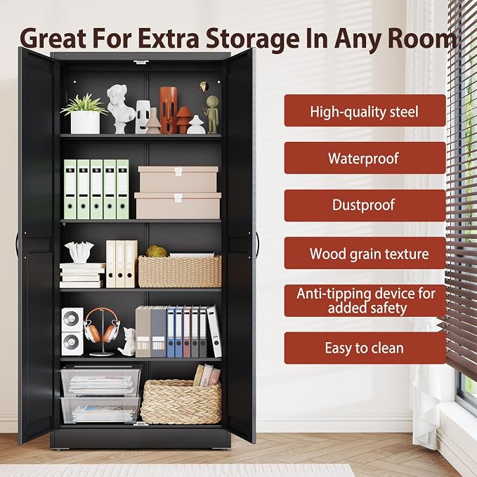 PAOFIN 71" Black Metal Storage Pantry Cabinet | Tall Kitchen Pantry Storage Cabinets with 2 Doors and 4 Adjustable Shelves, Cupboard for Home,Kitchen,Dining/Living Room