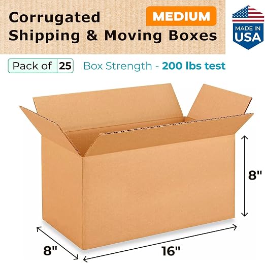 Medium Moving & Shipping Boxes 16"L x 8"W x 8"H (25-Pack) - Extra Strength 200 lb vs Regular - USA-Made Corrugated Cardboard Boxes Moving and Delivering - Packaging Box by IDL Packaging | Extra Strength 200 lb vs Regular - Corrugated Cardboard Boxes Mo...