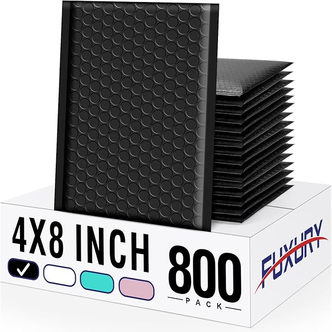 Fuxury Bubble Mailers 4x8" 800Pcs Bulk, Waterproof Padded Envelopes Usable Size 4x7", Cushioning Small Mailing Envelopes,Padded Mailers for Mailing Jewelry Makeup Small Business, #000 Black