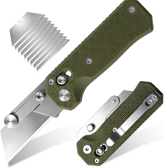 Folding Utility Knife, Pocket Knife, Box cutter Knife with Pocket & Rail Lock, Durable Razor Knife for Home Office Warehouse Everyday Carry, Gift for Men Women（Green）