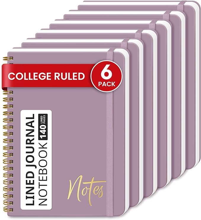 Lined Spiral Journal Notebook for Women, 6 Pack, A5 College Ruled Journals for Writing, Hardcover Notebooks for Work, Note taking and Office School Supplies,140 Pages, 6 Pcs - Purple