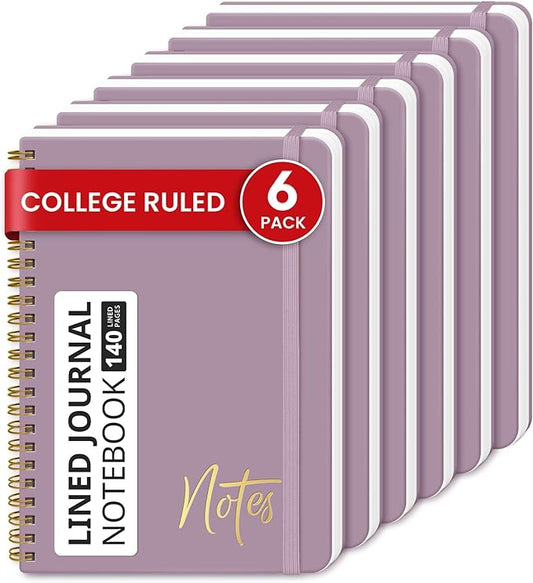 Lined Spiral Journal Notebook for Women, 6 Pack, A5 College Ruled Journals for Writing, Hardcover Notebooks for Work, Note taking and Office School Supplies,140 Pages, 6 Pcs - Purple