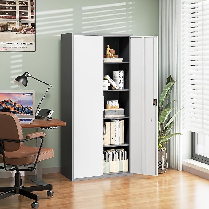 Metal Garage Storage Cabinets with Lock Door and Adjustable Shelves, Steel Tool Cabinets for Home,Office,Warehouse Organisieren (Gery White, 72" H)