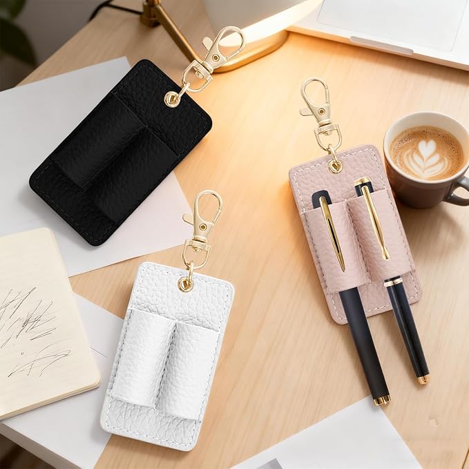 3Pcs Double Hole Leather Pen Holder, Lanyard Holder Attachment Supplies Black White Pink Pen Holder with Anti-Lost Leather Badge Not Easy to Damage & Long Service Life