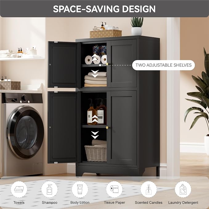 Bevivog Black Metal Locker Cabinet with 4 Doors, Metal Sideboard Cabinet Coffee Bar Storage Accent Cabinets for Home Office, Kitchen Living Room, Hallway, Entryway