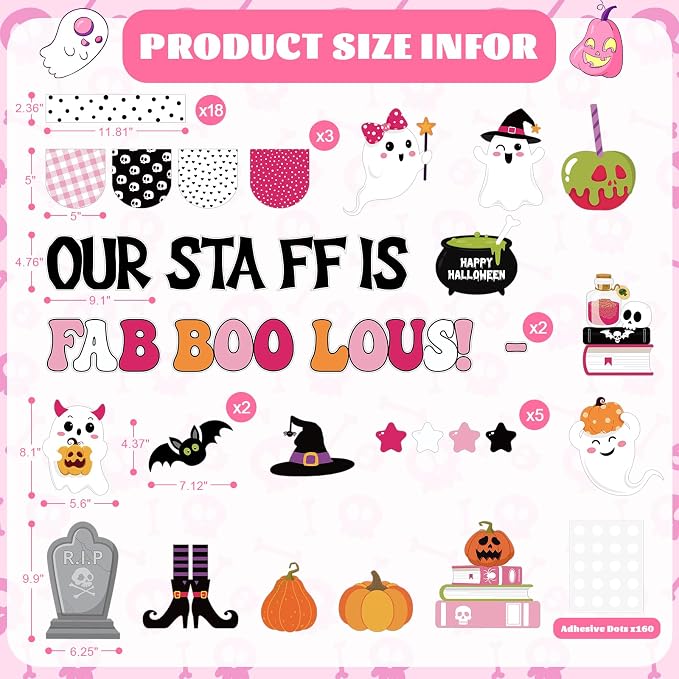 75Pcs Halloween Bulletin Board Decorations Set, Our Staff is Fab-Boo-Lous Halloween Pink Classroom Decor, Cute Boo Ghost Bat Paper Cutouts for School Office Door Wall Decor