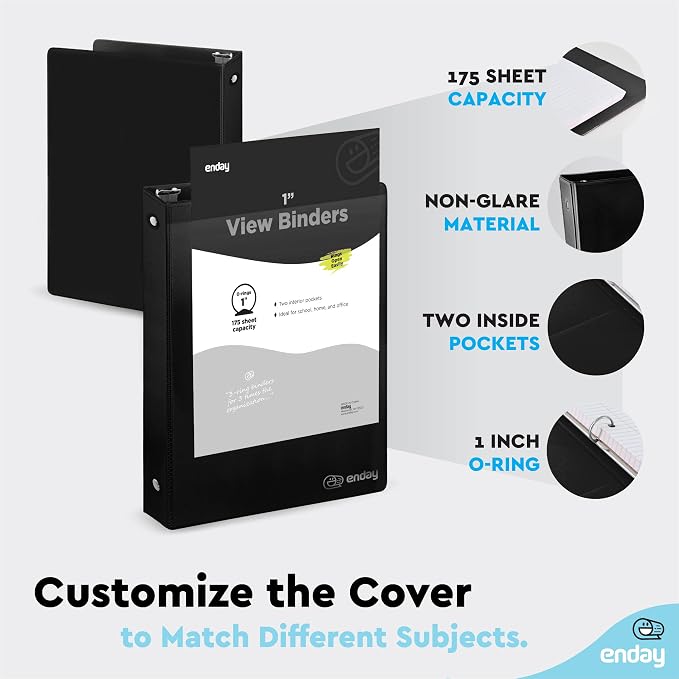 Enday 1 Inch Binder, Black 3 Ring Binder 1 Inch, Heavy Duty Three Ring Binder, 175 Sheets Capacity - One Inch Binder for Home School and Office.