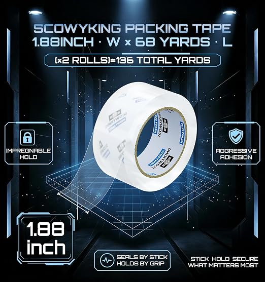 Clear Packing Tape Refills Heavy Duty,2 Pack,2.7 Mil,1.88"×68 Yd | Total 136 Yards,Compatible with Standard Tape Dispenser,Quiet Unwind,Easy Start,for Shipping Packaging Moving Sealing,Bulk