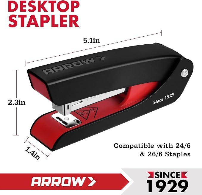 Arrow Office Stapler Set, 25 Sheet Capacity Metal Desk Staplers with 2100 Staples and Staple Remover, Half Strip Design and Non-Slip Base, Spare Staple Storage for Classroom, Office and Home, 2 Pack | Metal Desk Stapler, 2100 Staples, Staple Remover, N...