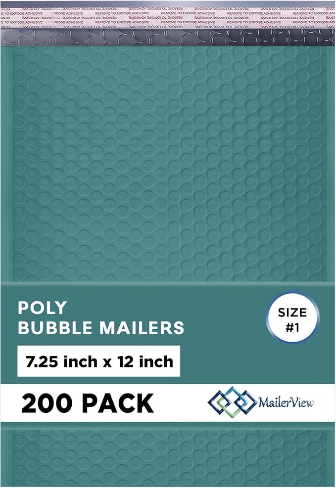 Green Bubble Mailers 7.25x12, Self Seal Poly Padded Envelopes #1, 200 Pack | Fits Comics, Photos & Cards, No Tape Needed, Cushioned Protection, Water-Resistant Poly, Bulk Pack for Small Business