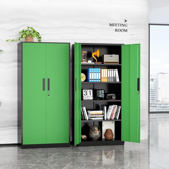 Metal Storage Cabinet, 72" Locking Steel Cabinets with 2 Door and 4 Adjustable Shelves, Tall Metal Cabinet for Home Office, Garage, Warehouse,(Black+Green)