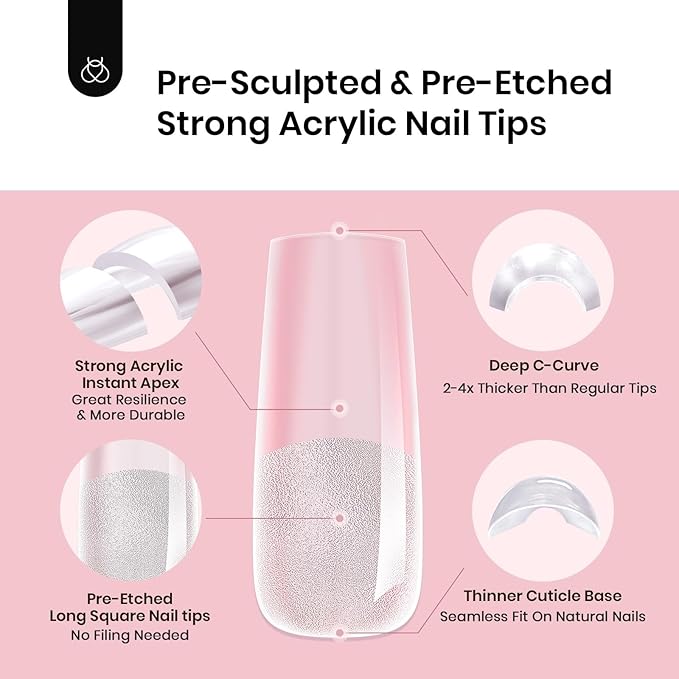 Beetles Tipex Instant Apex Nail Tips, Long Square, 16 Sizes |00–14, 192pcs, Built-In Apex, No Builder Gel Required, Thicker Strong Acrylic Tips for DIY Nail Extensions