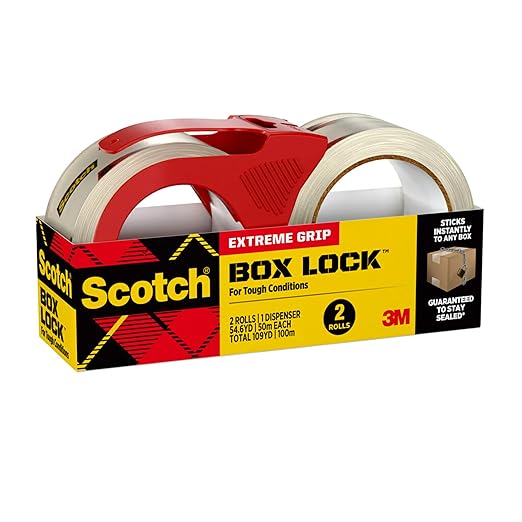 Scotch Box Lock Packaging Tape, 2 Rolls with 1 Refillable Dispenser, 1.88 in x 54.6 yd, Extreme Grip, Sticks Instantly to Any Box (Pack of 6)