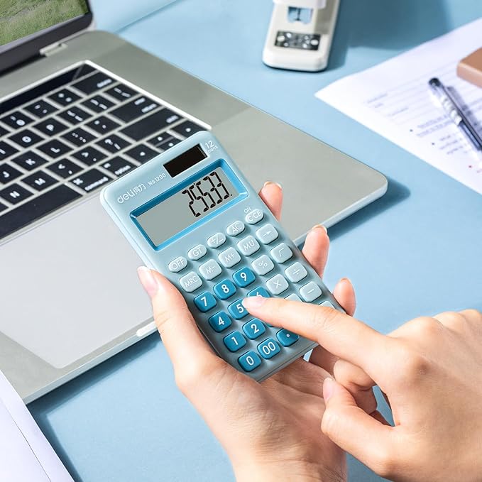 Deli Standard Function Basic Calculator, 12 Digit Desktop Calculator with Large LCD Display, Solar Battery Dual Power Office Calculators, Blue