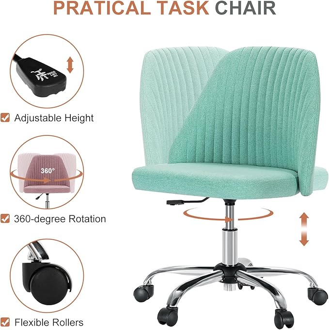 DUMOS Home Office Chair, Comfy Desk Chair with Rolling Wheels | Armless Height Adjustable, Wide Seating, Vanity Swivel Task, Bedroom Student Adults, Aqua