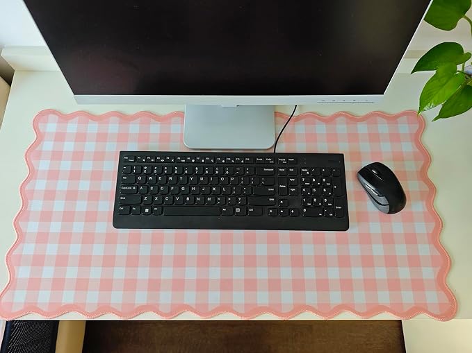 Scalloped‌ Pink Checkered Gingham Desk Mat Cute Pastel Large Mouse Pad Kawaii Cottagecore ‌Vintage‌ Girly Laptop Keyboard Computer Mat Pad Aesthetic Cozy Office Desk Decor for Women