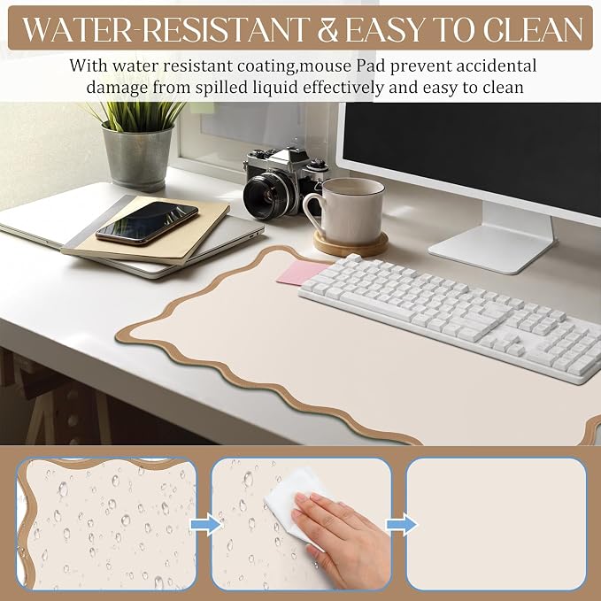 Hahafelt Scalloped Desk Mat Waterproof,Beige,23.6 X 13.8 Inches | Coquette Preppy Style for School Office Makeup Vanity, Nonslip Gaming Desktop Protector with Scalloped Stitched Edge Mat