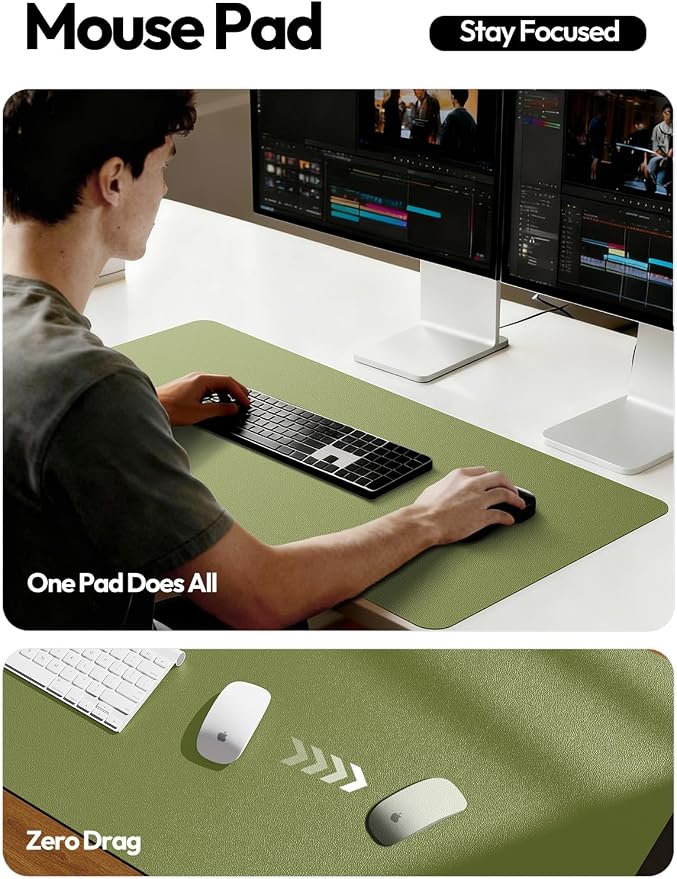 YSAGi Leather Desk Protector, Office Mat, Large Mouse Pad, Non-Slip PU Leather Blotter, Laptop Desk, Waterproof Writing Pad for Office and Home (Green, 31.5" x 15.8")