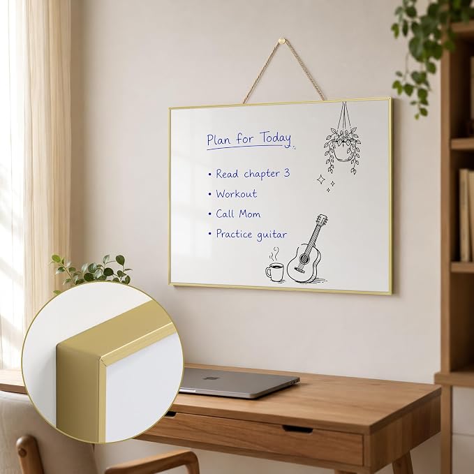 TOWON Magnetic Dry Erase Board 24x18 in, Narrow Aluminum Frame, Gold | Hangable message board for home office, kitchen, dorm and school decor, sleek narrow frame