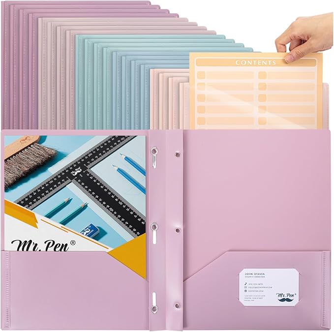 Mr. Pen- Plastic Folders with Pockets and Prongs, 20 Pack, Letter Size, Assorted Pastel Colors, Flexible Plastic Folders with Prongs, Clear Front Pocket, Card Slot & Color-Coded Cover Papers