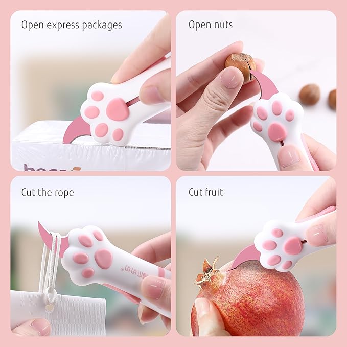 Cat Paw Box Cutter Retractable with Cat Paw Handle, Multifunctional Knife Set (Pink)
