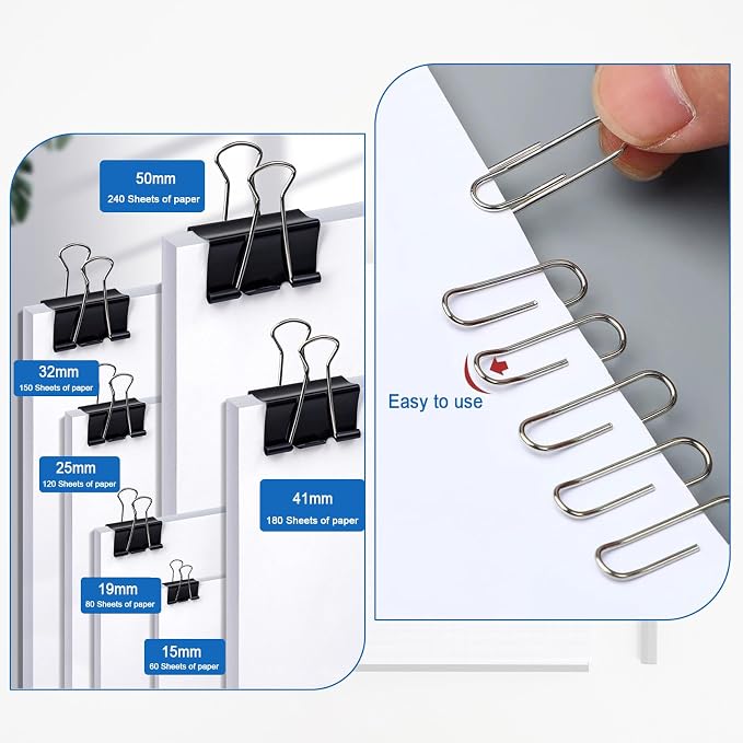 508 PCS Binder Clips and Paper Clips Set Assorted Sizes Office Supplies | Binders Extra Large Medium Small Mini and Micro,Paperclips Large Medium Small Set in a Container with Compartments